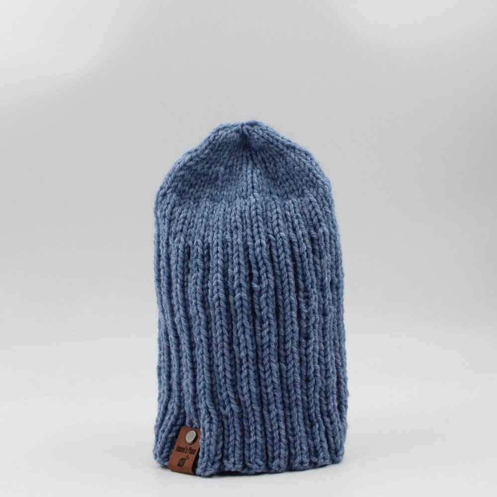 Handmade Hand Knit Acrylic Light Denim Blue Ribbed Knit Beanie Watchman Hat Men